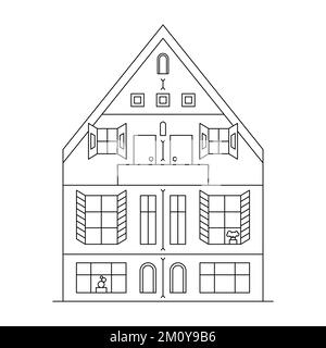 Strichkunst-Vektorgrafik mit einem Haus. Stadtbild mit schwarzem Wohngebäude. Stock Vektor