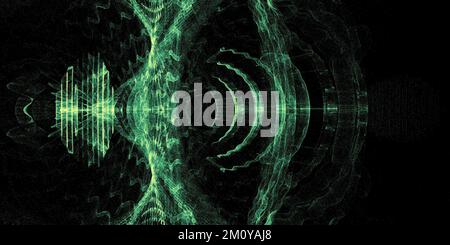 Korngeräuschpartikel. Sand in Form von Wellen. Chladni Sound-Figuren. Vibrations- und Resonanzmuster. Technologischer Hintergrund. Staubüberzug strukturiert Stockfoto