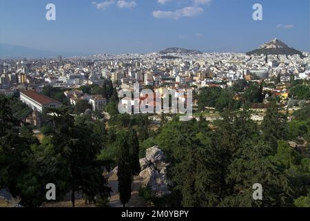 Athen, Athen, Grecja, Griechenland, Griechenland; Allgemeiner Blick auf die Stadt von der Akropolis; Gesamtansicht der Stadt vom Akropolis-Hügel; 從雅典衛城山俯瞰城市 Stockfoto
