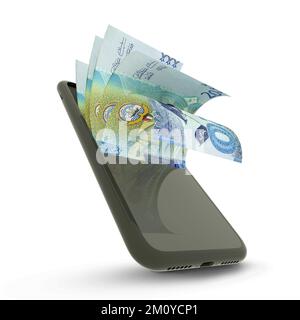 3D-Darstellung kuwaitischer Dinarnoten in einem Mobiltelefon isoliert auf weißem Hintergrund Stockfoto