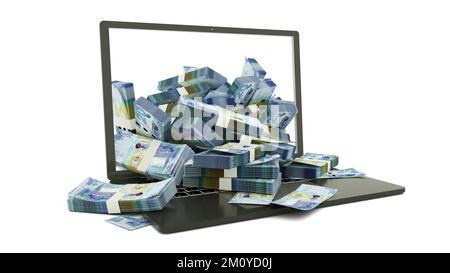 3D-Wiedergabe kuwaitischer Dinarnoten, die aus einem Laptop-Monitor auf weißem Hintergrund stammen. Stapel Kuwait-Dinar-Noten in einem Laptop. Geld Stockfoto