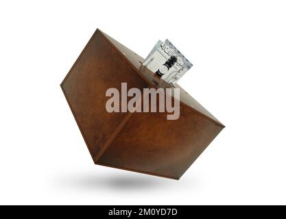 Saudische riyal-Noten in einer Holzschachtel. Generic Savings Bank, Penny Bank, Money Box. 3D-Rendering Stockfoto