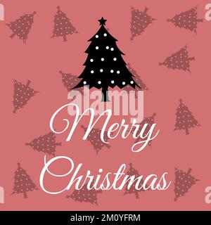 Frohe Weihnachten, Weihnachtskarte, roter Hintergrund, Weihnachtsbanner und -Schild, Illustration von Weihnachtsbaum und Bällen, schwarz-weißes Baummuster Stockfoto