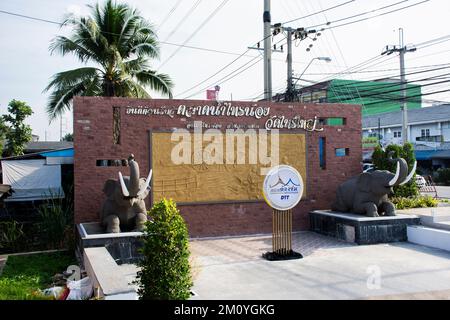 Bühne und geschnitzte Skulptur an einem guten Ort für thailänder Besucher Fotografieren Sie auf dem schwimmenden Straßenmarkt von Sai Noi am Wat Sai Yai Temp Stockfoto