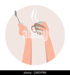Schöne Hände mit langen blauen Nägeln halten eine Tasse Kaffee oder Tee und einen Löffel. Vektordarstellung Stock Vektor