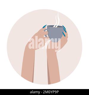 Schöne Hände mit langen blauen Nägeln halten eine blaue Tasse mit Kaffee. Vektordarstellung Stock Vektor