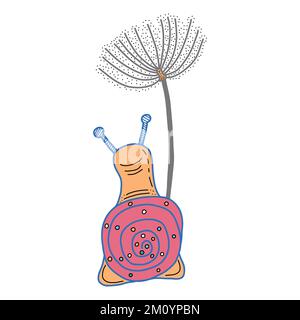 Eine handgezeichnete Schnecke mit Löwenzahn. Designelemente für den Valentinstag. Stock Vektor