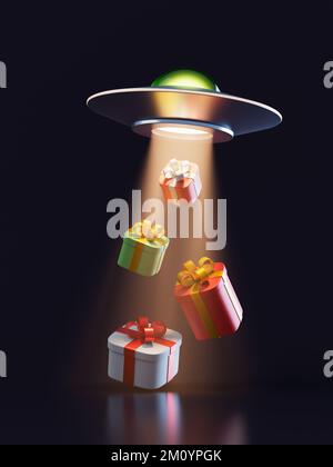 Einfache UFOs stehlen Geschenke mit einem Lichtstrahl 3D-Bild. Isolierte Objekte auf dunklem Hintergrund. Stockfoto