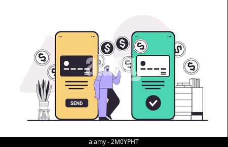 Geschäftsmann sendet oder empfängt Dollar-Münzen über Smartphones Geldüberweisung Zahlung Finanztransaktionen Stock Vektor