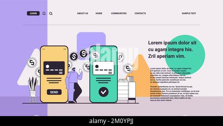 Geschäftsmann, der Dollarmünzen über Smartphones sendet oder empfängt Konzept für Finanztransaktionen Stock Vektor