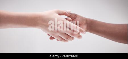 Ich Suche Hilfe. Zwei Demonstranten schüttelten sich während einer Kundgebung die Hand. Stockfoto