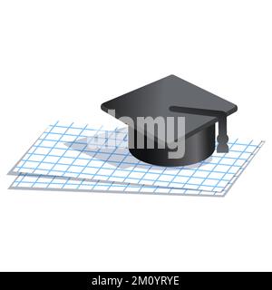 Education hat und karierte Notizbuchblätter. Darstellung des isometrischen Symbolvektors Stock Vektor