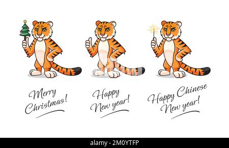 Vektor-Tiger bereit. Figur, Maskottchen, Symbol, Zeichen des chinesischen Neujahrs. Tiger hält den weihnachtsbaum in der Hand, Sparkler, zeigt Daumen nach oben. Fröhliches Kinn Stock Vektor