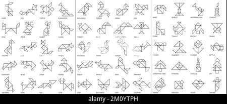 Tangram-Puzzle-Spiel. Symbole für isolierte Tangrammlinien. Stock Vektor