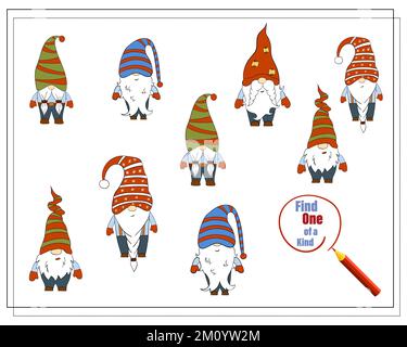 Ein Puzzlespiel für Kinder, finde das einzigartige. Weihnachtsgnom Mit Zeichentrickfilm. Stock Vektor