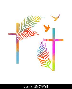 Farbige religiöse Kreuzbürste mit Zweigen und fliegenden Vögeln. Frohe Ostern. Vektordarstellung Stock Vektor