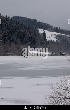 Der Himmel ist bedeckt, die Hügel sind weiß mit Schnee, der See ist gefroren und teilweise mit Schnee bedeckt, die Häuser haben Dächer weiß mit Schnee. Stockfoto