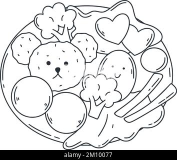 Bento Kinderessen-Set Kritzelstil-Illustration. Einfache Tintenskizze für Kinder zum Mittagessen. Asiatische Nahrungsmittel isolierter Vektor. Reis mit Fleisch, Ei und Gemüse Stock Vektor