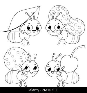 Süße Ameisen, die Essen tragen. Schwarzweiß-Farbseite Stockfoto