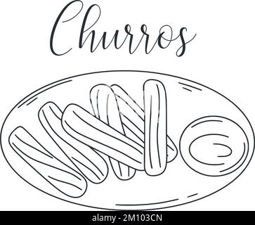 Churros süße Desserts Doodle Illustration. Mexikanische Mehlstäbchen mit Schokolade. lateinamerikanischer Nahrungsvektor. Einfaches Tintenumriss-Bild von Delicious Stock Vektor