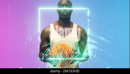 Porträt eines afroamerikanischen Basketballspielers mit Glatze, der mit leuchtenden Rechtecken und Pflanzen Ball hält. Composite, Serious, Copy Space, Sport, Wettkampf, Stockfoto