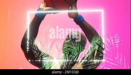 Verbundmaterial aus kahlköpfigem afroamerikanischem Basketballspieler, der Ball mit beleuchtetem Sechseck und Pflanzen wirft. Kopierraum, spielen, Sport, Wettkampf, Illustr Stockfoto