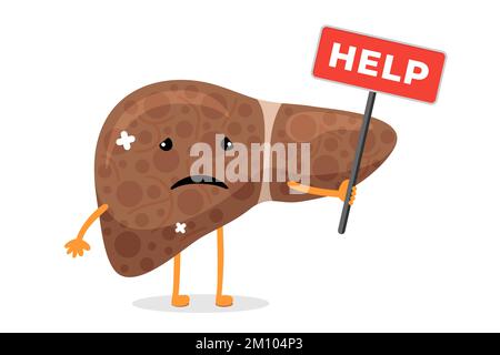 Cartoon trauriger leidender Lebercharakter. Ungesunde Schädigung des Exokrinen Systems Drüseninternes Organmaskottchen mit Hilfe-Zeichen. Krankheit und Schmerz Leberkonzept. Zerstörung des menschlichen Viskus. Vektordarstellung Stock Vektor