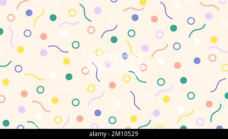Süßer fröhlicher Konfetti-Hintergrund. Festliches, nahtloses Muster in Pastellfarben, von Hand gezeichnet. Kreativer, minimalistischer Stil und Kunstkulisse. Lustige bunte Kritzeleien Stock Vektor