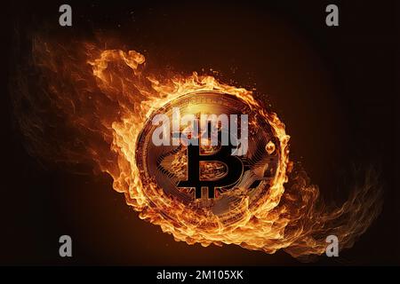 Glühende goldene Bitcoin Kryptowährung in Flammen in der Luft. Isoliert vor SCHWARZEM Hintergrund symbolisiert diese Kryptoanlage die strahlende Zukunft von Stockfoto