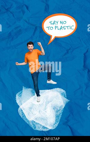 Kreatives Foto 3D Collage Kunstwerke Poster von verantwortungsbewusstem Mann kündigen Call Save Planet an nicht mehr Plastik isoliert auf Malhintergrund Stockfoto