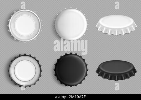 Metallverschlüsse für Flaschen Bier, Limonade, Cola oder Saft. Schwarze und weiße leere Aluminiumdeckel, Bottlecaps in der Ober-, Seiten- und Innenansicht, Vektorrealistisches Set isoliert auf transparentem Hintergrund Stock Vektor