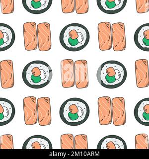 Nahtloses Sushi- und Sashimi-Muster. Traditionelles japanisches Gericht im Hintergrund mit Reis, Fisch und Gemüse. Lebensmitteldruck für Textilien, Verpackungen, Papier Stock Vektor