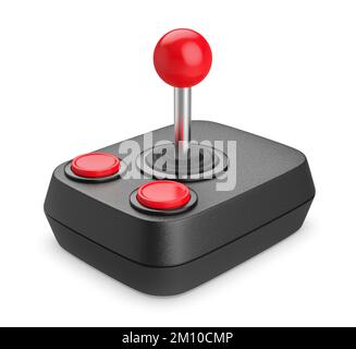 Schwarzer Retro-Joystick mit zwei Tasten auf weißem Hintergrund Stockfoto