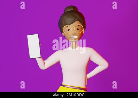 Lächelndes afroamerikanisches Mädchen Smartphone-Modell lila Hintergrund 3D-Rendering-App-Design.Freiberufler studiert Student. Cartoon Multiet Stockfoto