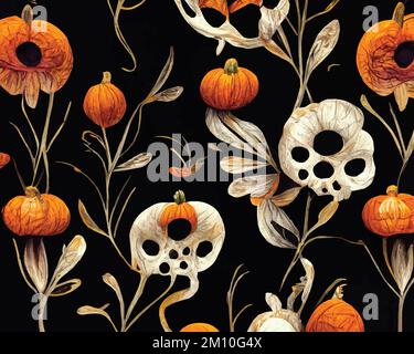 Ein abstraktes Halloween-Muster mit gruseligen Blumen, Kürbissen und Schädeln auf schwarzem Hintergrund. Stock Vektor