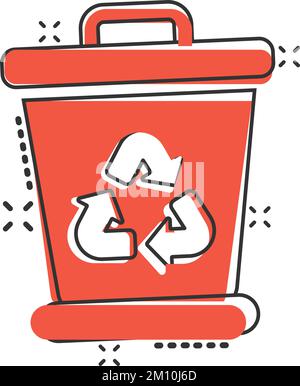Mülltonne im Comic-Stil. Recyceln Sie Cartoon-Vektor-Illustration auf weißem isolierten Hintergrund. Papierkorb Splash-Effekt Zeichen Geschäftskonzept. Stock Vektor