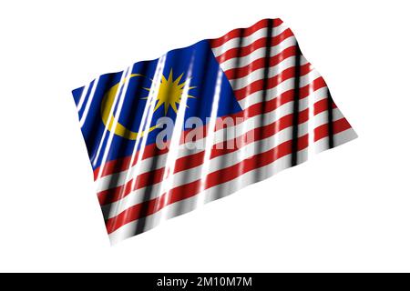 Schöne glänzende Flagge von Malaysia mit großen Falten liegt isoliert auf weiß, perspektivische Aussicht - jede Feier Flagge 3D Illustration Stockfoto