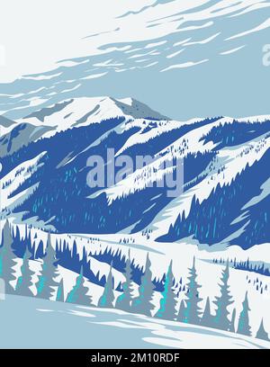 WPA-Posterkunst des Taos Ski Valley vom Wheeler Peak in Taos County, New Mexico im Stil der Projektverwaltung. Stockfoto