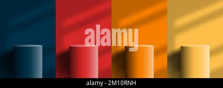 Set mit 3D realistischen, zylinderförmigen Podium-Standfuß-Displays mit Beleuchtung und Fensterschatten auf blauem, rotem, orangefarbenem und gelbem Hintergrund Stock Vektor