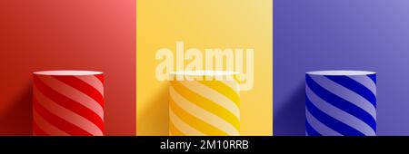 Set mit 3D realistischen Standfuß-Displays in Zylinderform mit spiralförmigen Streifen auf rot, gelb und blau als Hintergrund minimalistischer Stil. Stock Vektor