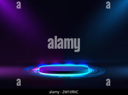 3D violett und blau leuchtendes Neonlicht Podium Plattform Standfuß zylinderförmige Anzeige mit HUD-Elementen auf dunklem Hintergrund Digitaltechnik Stock Vektor