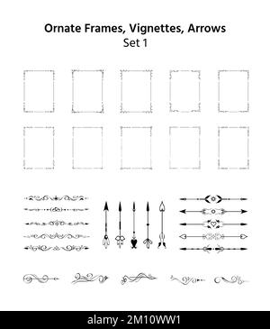 Set mit kunstvollen Rahmen, Trennelementen und Pfeilen Stock Vektor