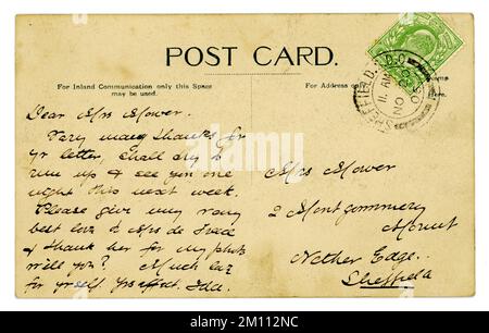 Rückseite der ursprünglichen Postkarte aus der Zeit der Edwardianer (grüner, halber Penny King Edward VII Stempel) vom/abgeschickt am 20. November 1906, Sheffield, England, Großbritannien Stockfoto