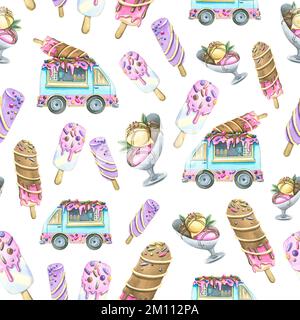 Eis am Stiel und Bälle mit Belag, Eiscreme und Imbisswagen. Aquarelldarstellung. Nahtloses Muster auf weißem Hintergrund vom EIS Stockfoto