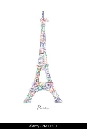 Der Eiffelturm besteht aus einem Reisepass, der verschiedene Länder mit einem Pariser Poster besticht Stock Vektor