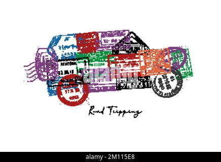 Das Auto wurde aus einem Reisepass gefertigt, der verschiedene Länder mit einem Plakat für Straßenfahrten beschriftet Stock Vektor