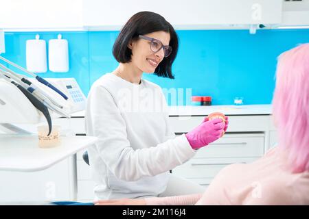 Eine Ärztin hält ein Gebissmodell in ihren Händen Stockfoto