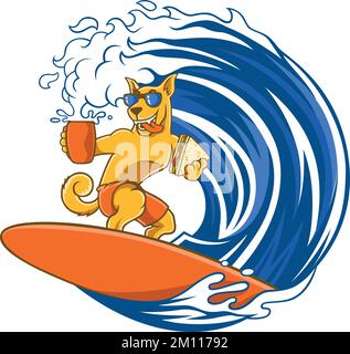 Hundemaskottchen Surfen und ein Sandwich und eine Tasse Kaffee in der Hand halten Stock Vektor