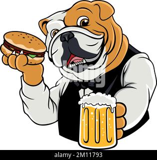 Englische Bulldog-Figur, die lächelt und einen Hamburger und ein Glas Bier in der Hand hält Stock Vektor