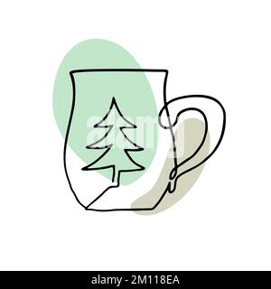 Handgezeichneter, durchgehender Tannenbecher mit abstrakten Formen, dekoriert mit Tannenbaum Stock Vektor